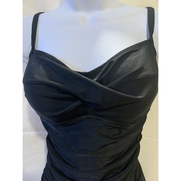 Merona One Piece Swimsuit Womens Medium Deep Black Spaghetti Straps Side Ruching - Picture 2 of 9
